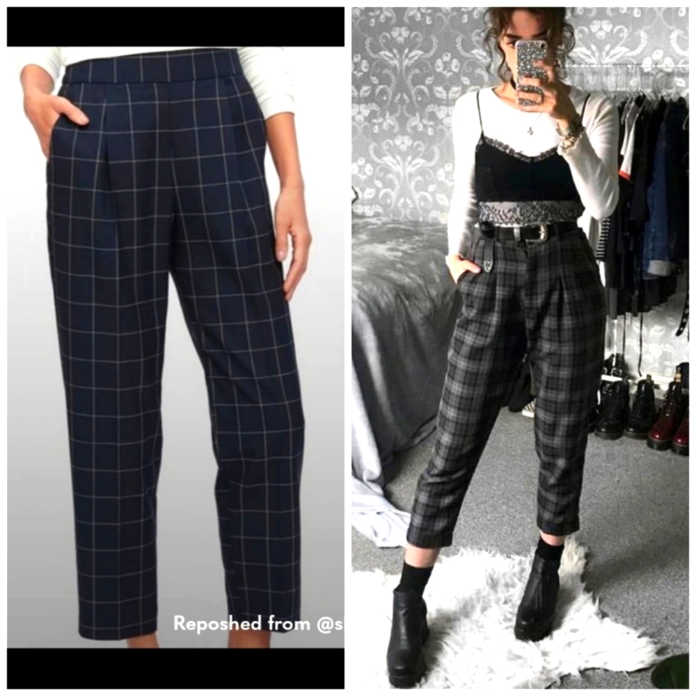 Bar III Navy Blue Plaid Windowpane Slim Fit Straight Pencil Fit Trousers Size 14